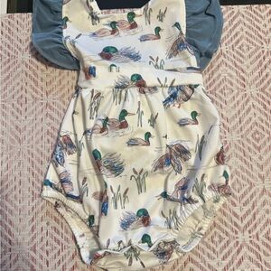Duck Print Baby Romper with Blue Sleeves